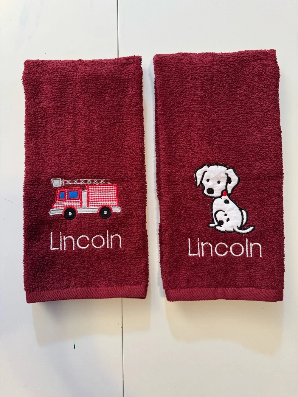 Personalized  Kids Hand Towels - Burgundy with Fire Truck & Dalmatian